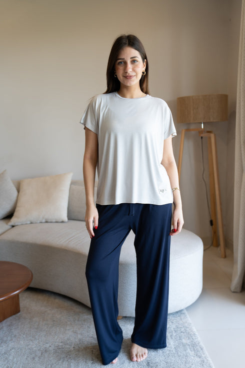 Women summer pajama set Oversized Light Grey shirt + Dark Blue Pants